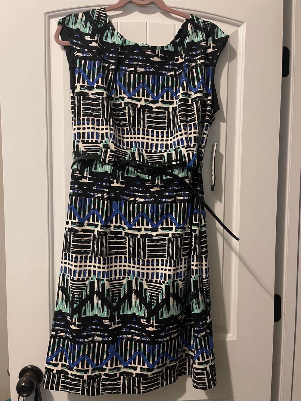 Geo-Print Sleeveless Midi Dress in Black, White & Blue